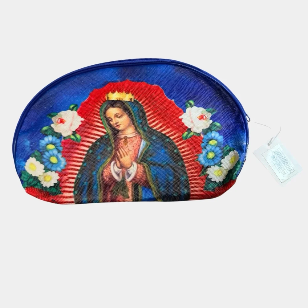 Virgin Mary Guadalupe Cosmetic Bag Makeup Pouch Blue Zipper Travel Case